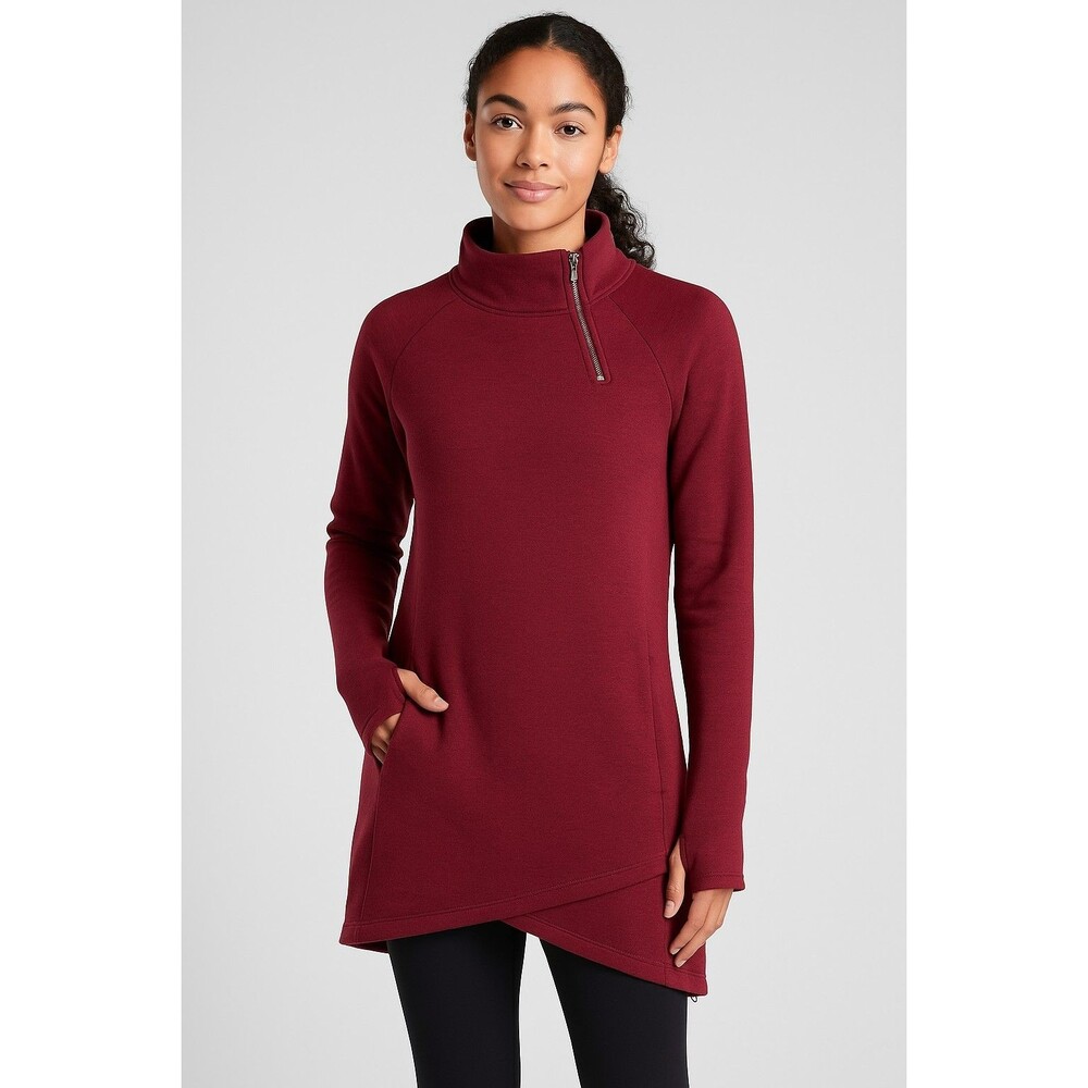 Athleta Cozy Karma Asym Sweatshirt Tunic XS Burgundy Fleece Longline Thumbholes